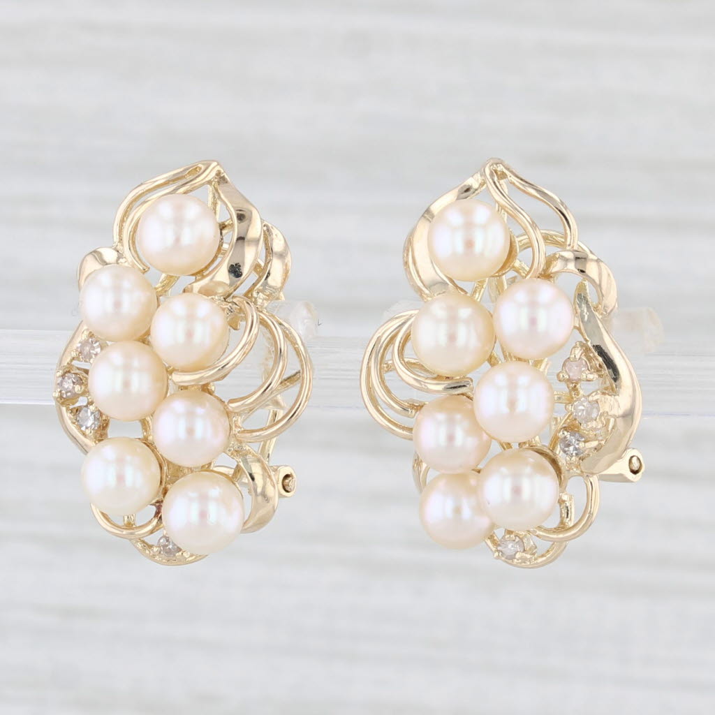 Light Gray Cultured Pearl Diamond Drop Earrings 14k Yellow Gold Omega Backs