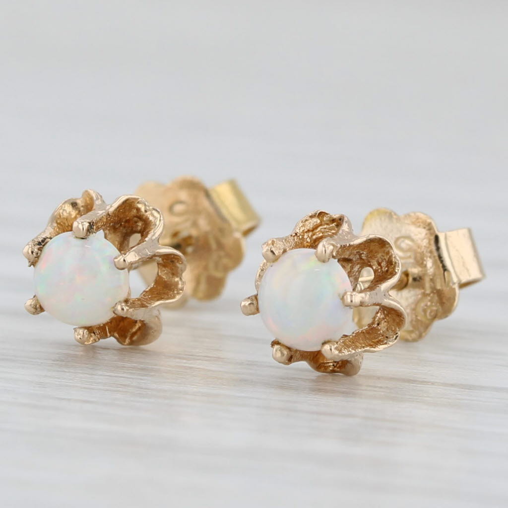 Light Gray Opal Buttercup Stud Earrings 14k Yellow Gold Round Cabochon Solitaires