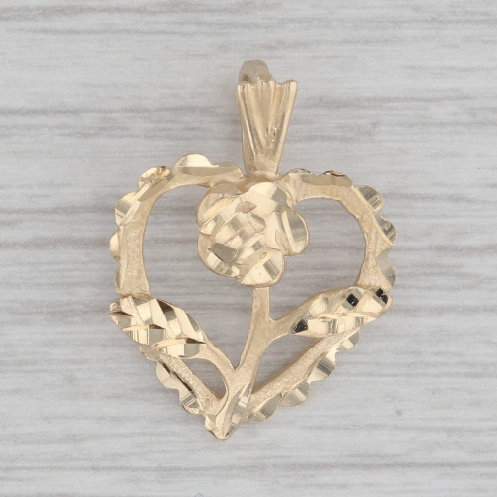 Gray Blooming Rose in Open Heart Pendant 14k Yellow Gold Floral
