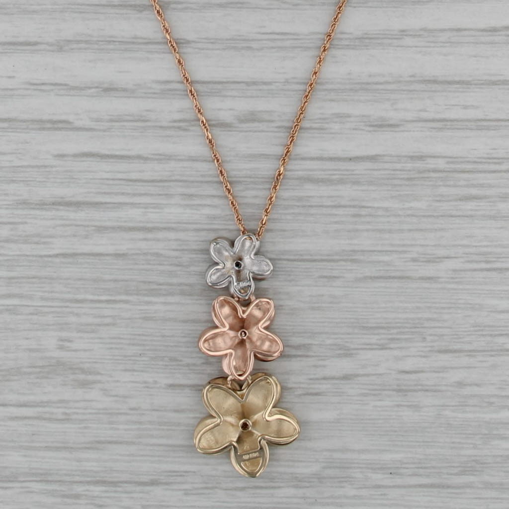 3-Stone Diamond Tri-Toned Flower Pendant Necklace 14k Gold 23.75" Rope Chain