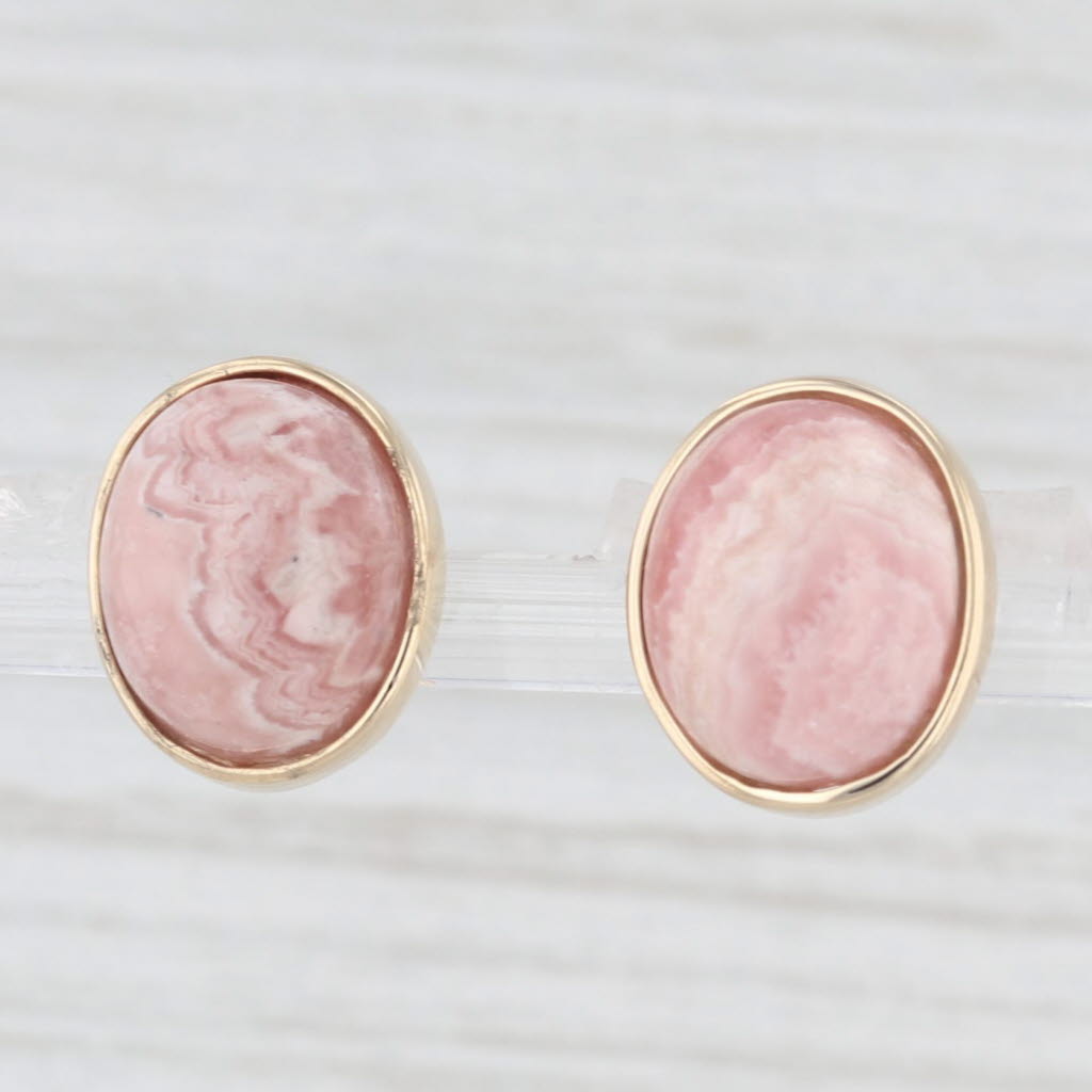 Light Gray Marbled Red Rhodocrosite Oval Cabochon Stud Earrings 14k Yellow Gold