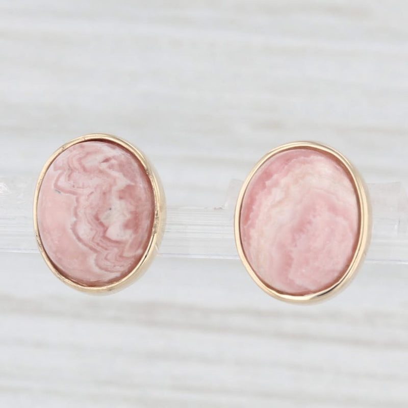 Marbled Red Rhodocrosite Oval Cabochon Stud Earrings 14k Yellow Gold