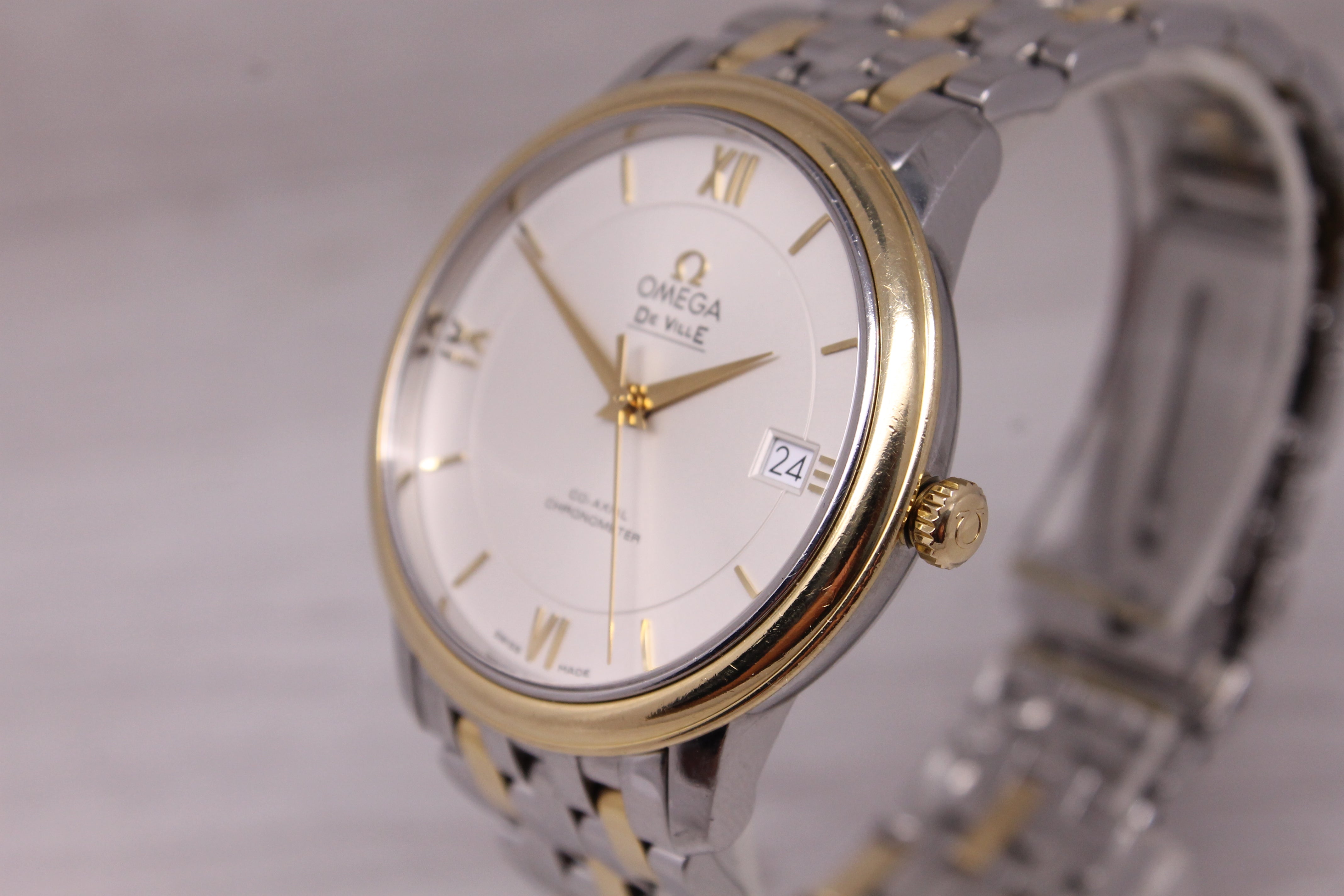 Omega DeVille Co-Axial 37mm Mens Steel 18k Gold Automatic Watch Bracelet Box Set