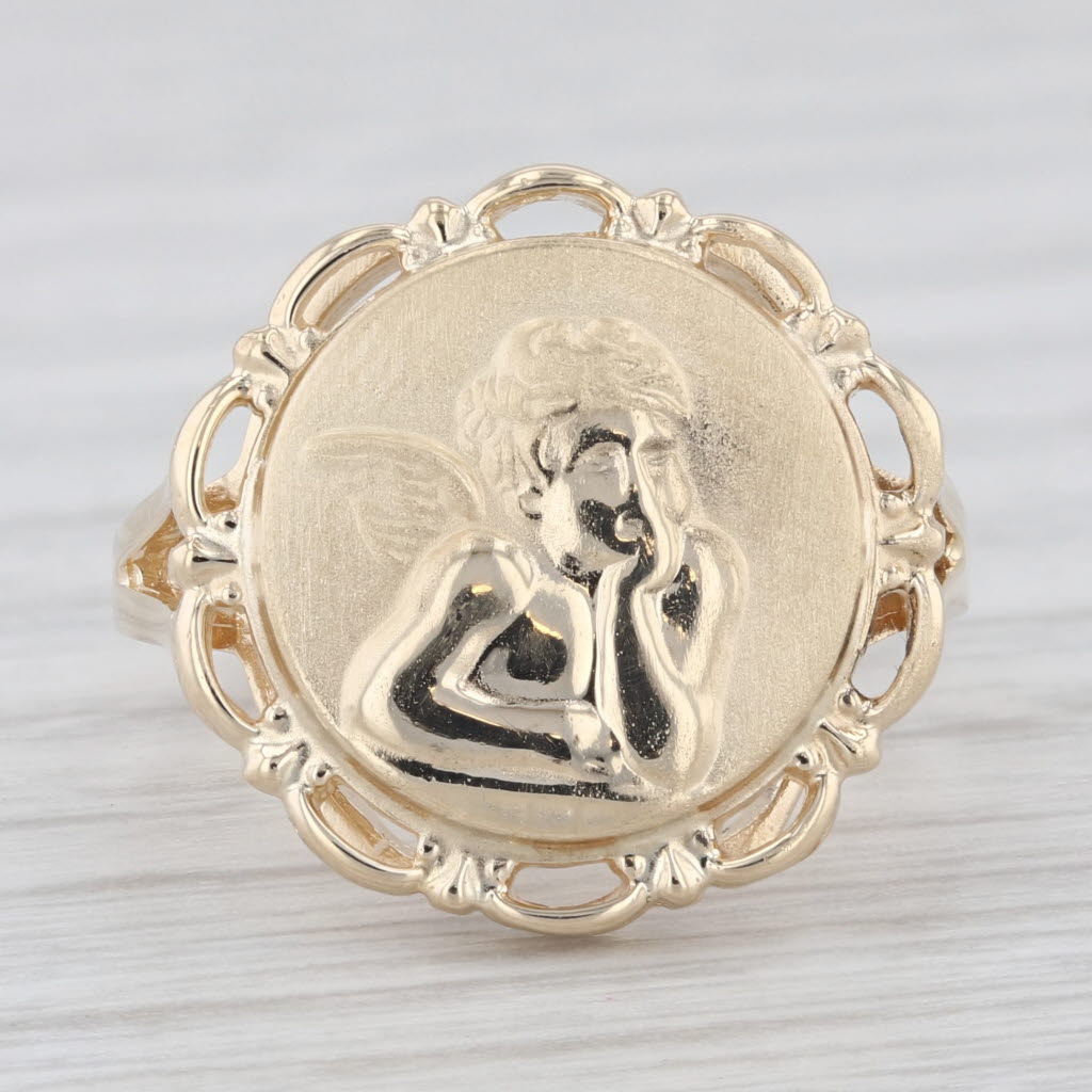 Light Gray Cherub Guardian Angel Ring 14k Yellow Gold Size 5.25 Coin Signet Style