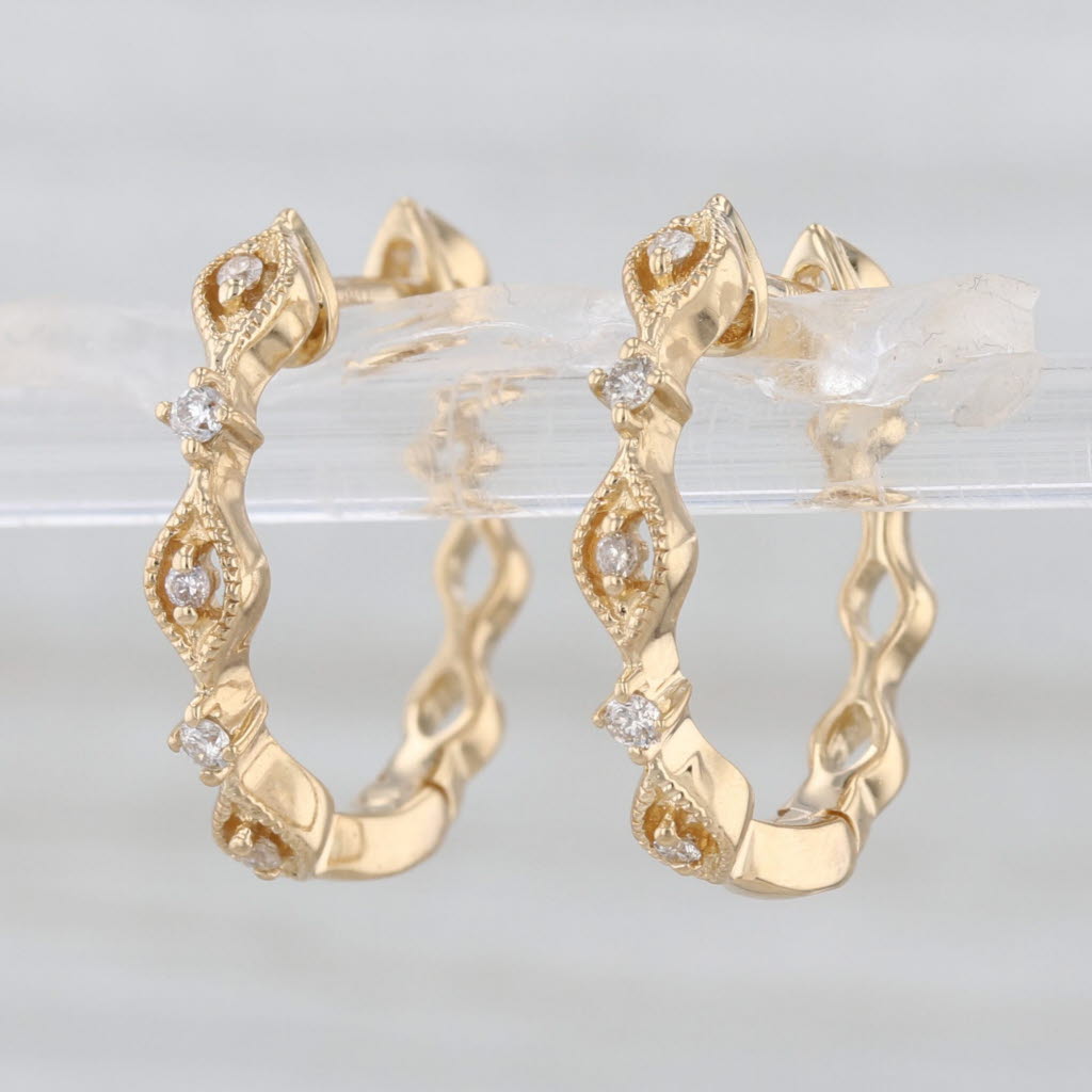 0.18ctw Diamond Patterned Hoop Huggie Earrings 18k Gold Hinged Snap Top Hoops