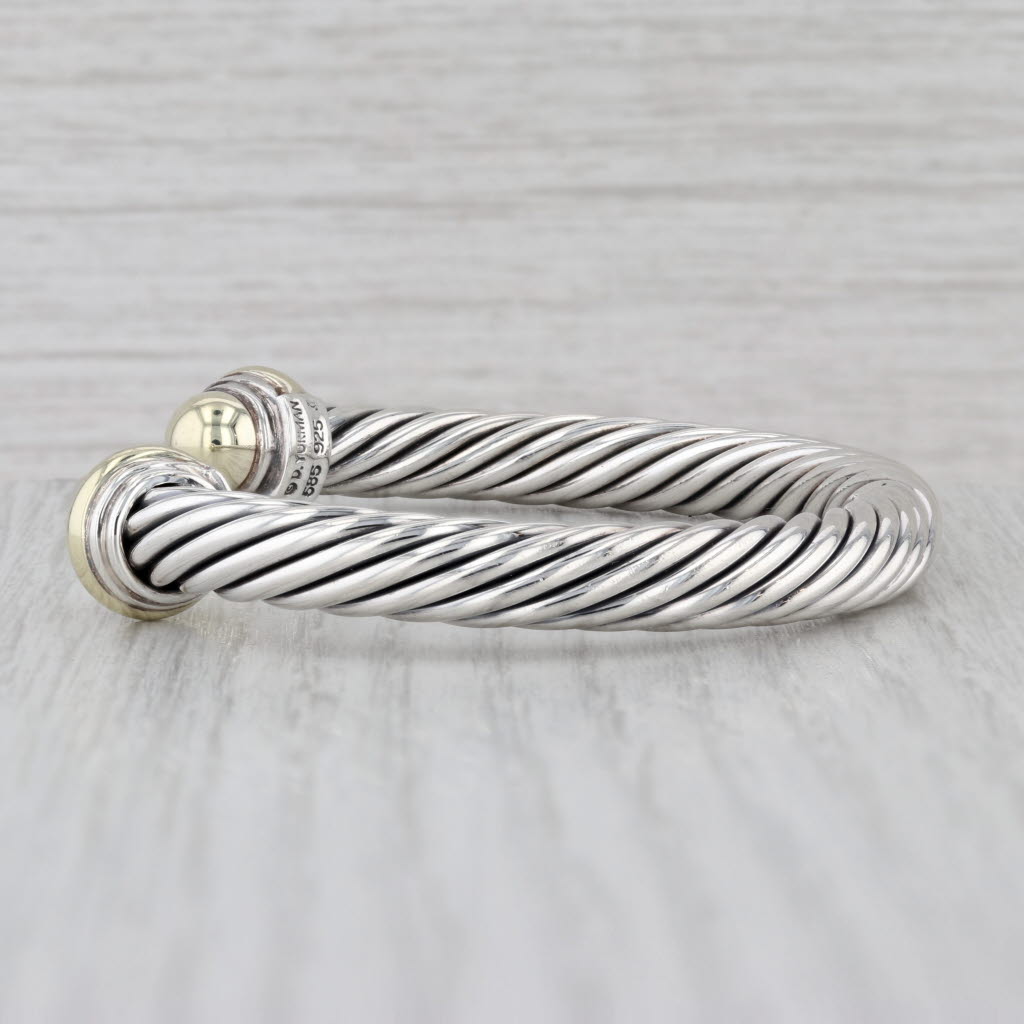David Yurman Classic Cable Cuff Bracelet Sterling Silver 14k Gold 6.5" 7mm