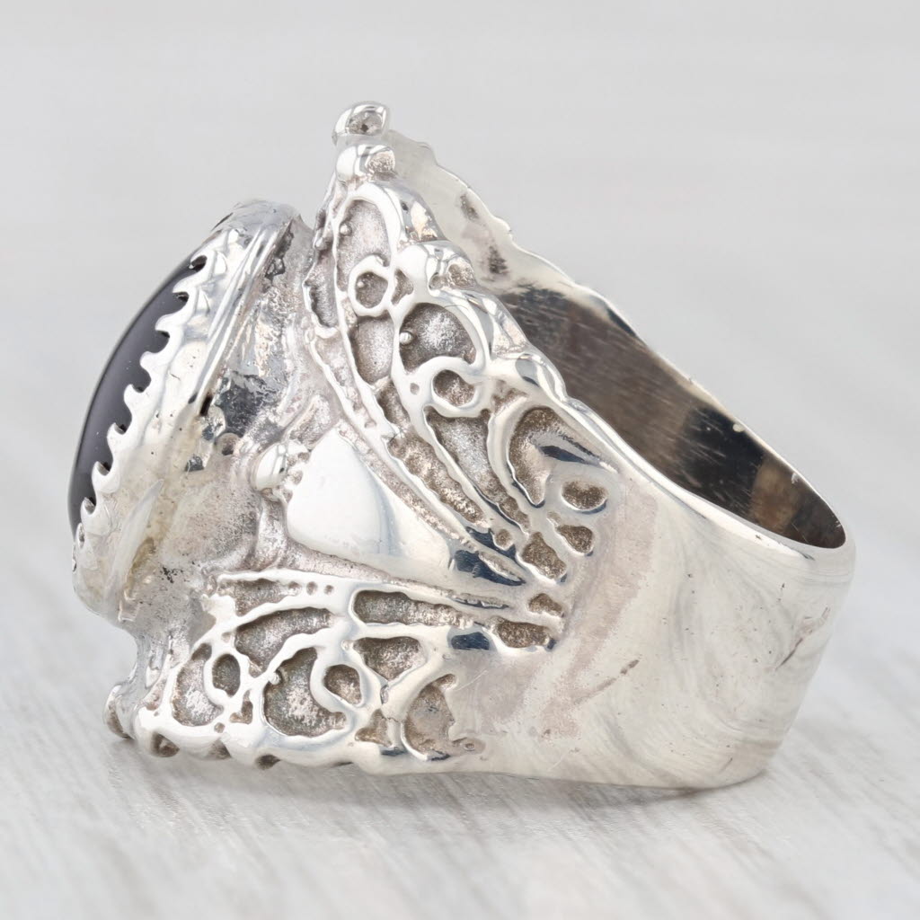 Light Gray Onyx Oval Cabochon Solitaire Statement Ring Sterling Silver Size 6 Ornate