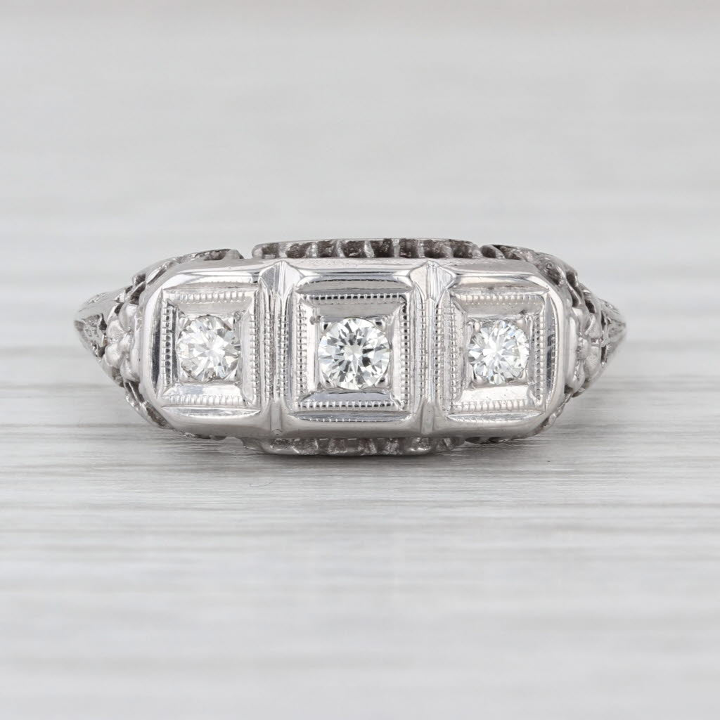 Art Deco 3-Stone Diamond Filigree Ring 14k White Gold Size 8 Vintage Floral