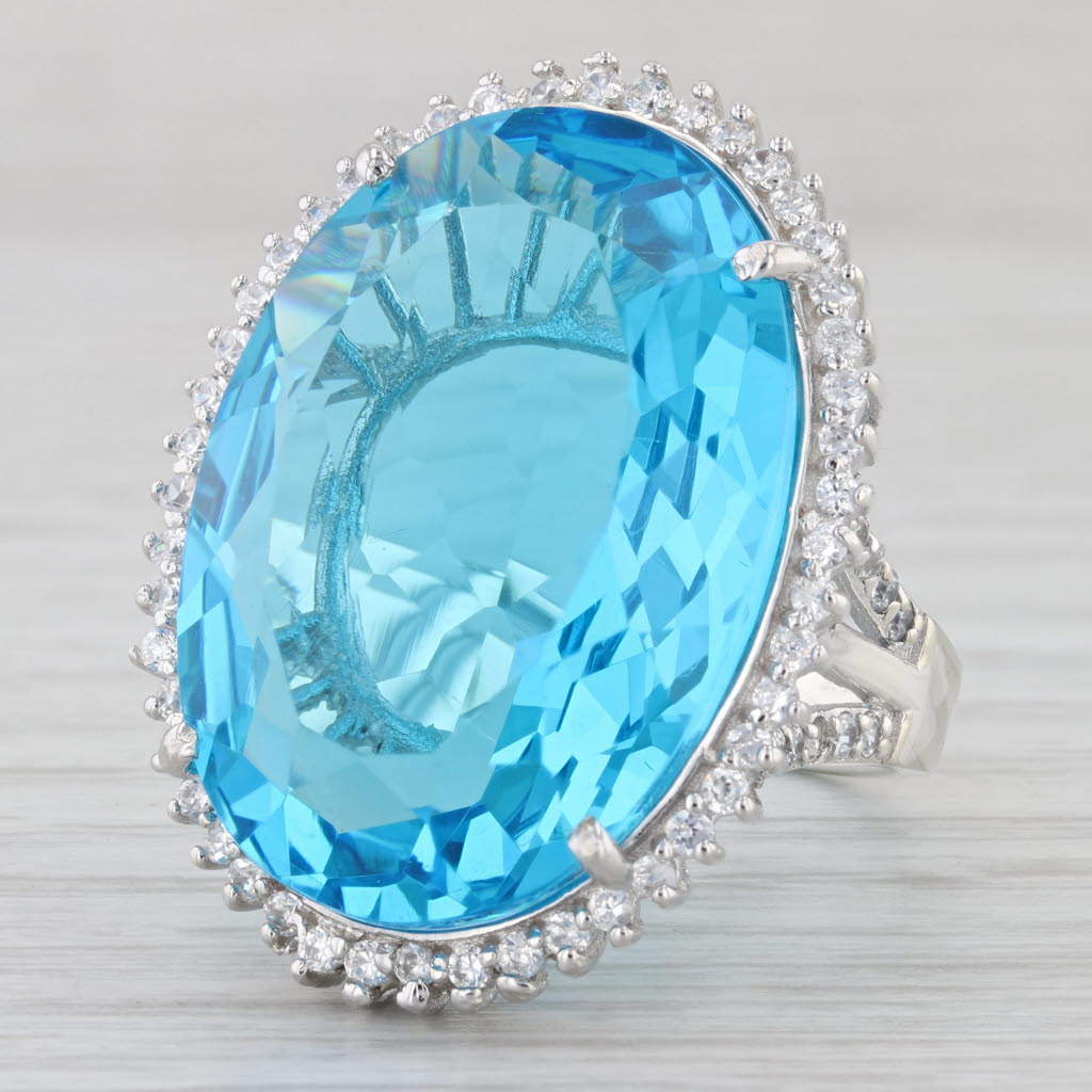 Light Gray Sterling Silver Cocktail Portuguese Blue Glass Halo Statement Size 9.25 Ring