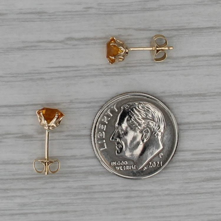 Orange Glass Solitaire Stud Earrings 14k Yellow Gold Round Studs