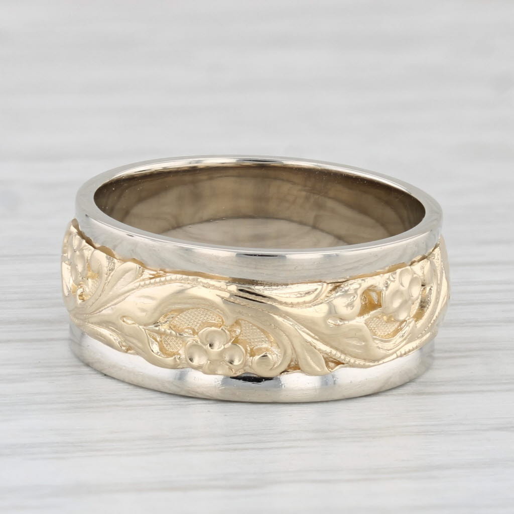 Light Gray Floral 2-Stone Ring 14k Yellow White Gold Size 6 Wide Band