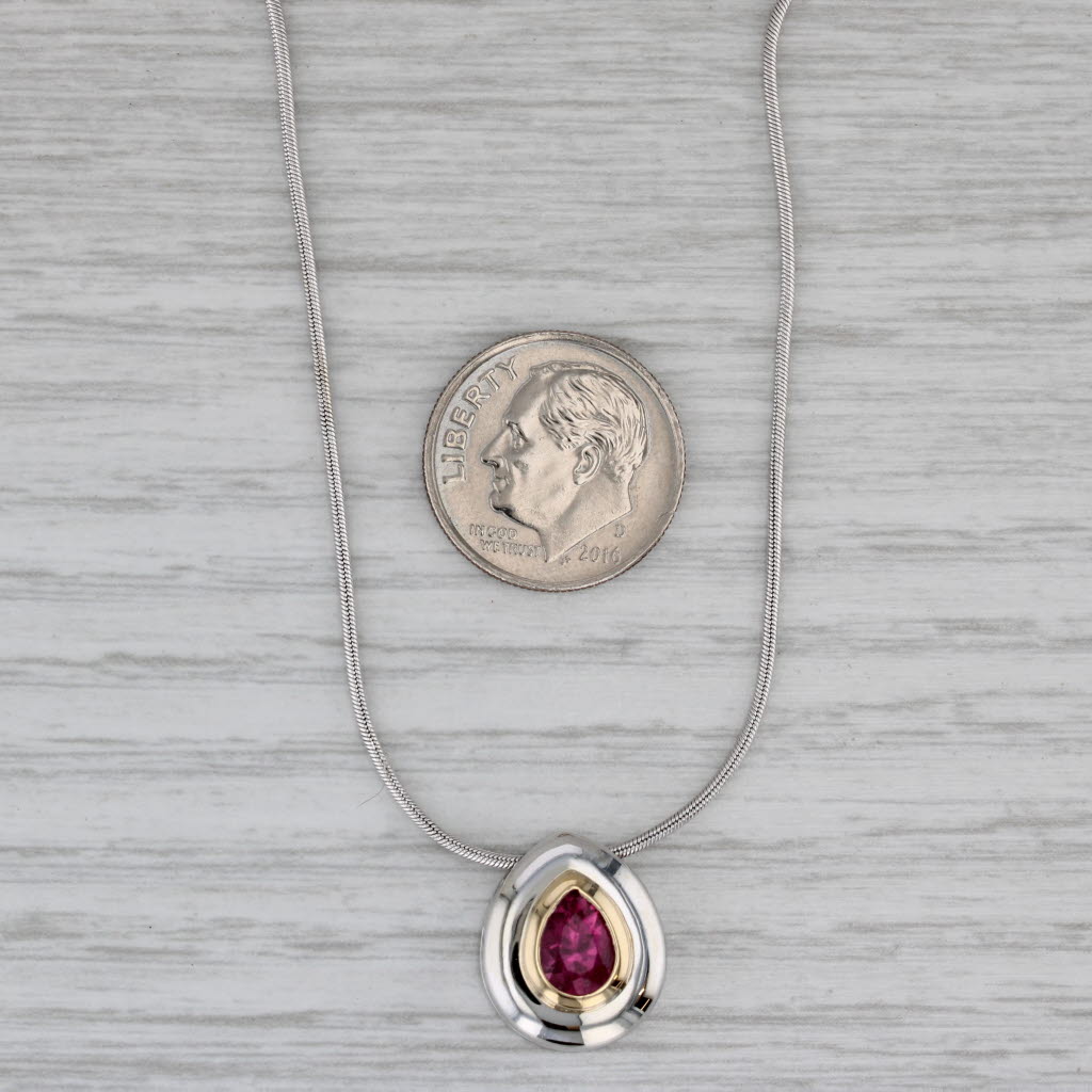 Gray 0.90ct Rubellite Tourmaline Teardrop Pendant Necklace 14k White Gold Snake Chain