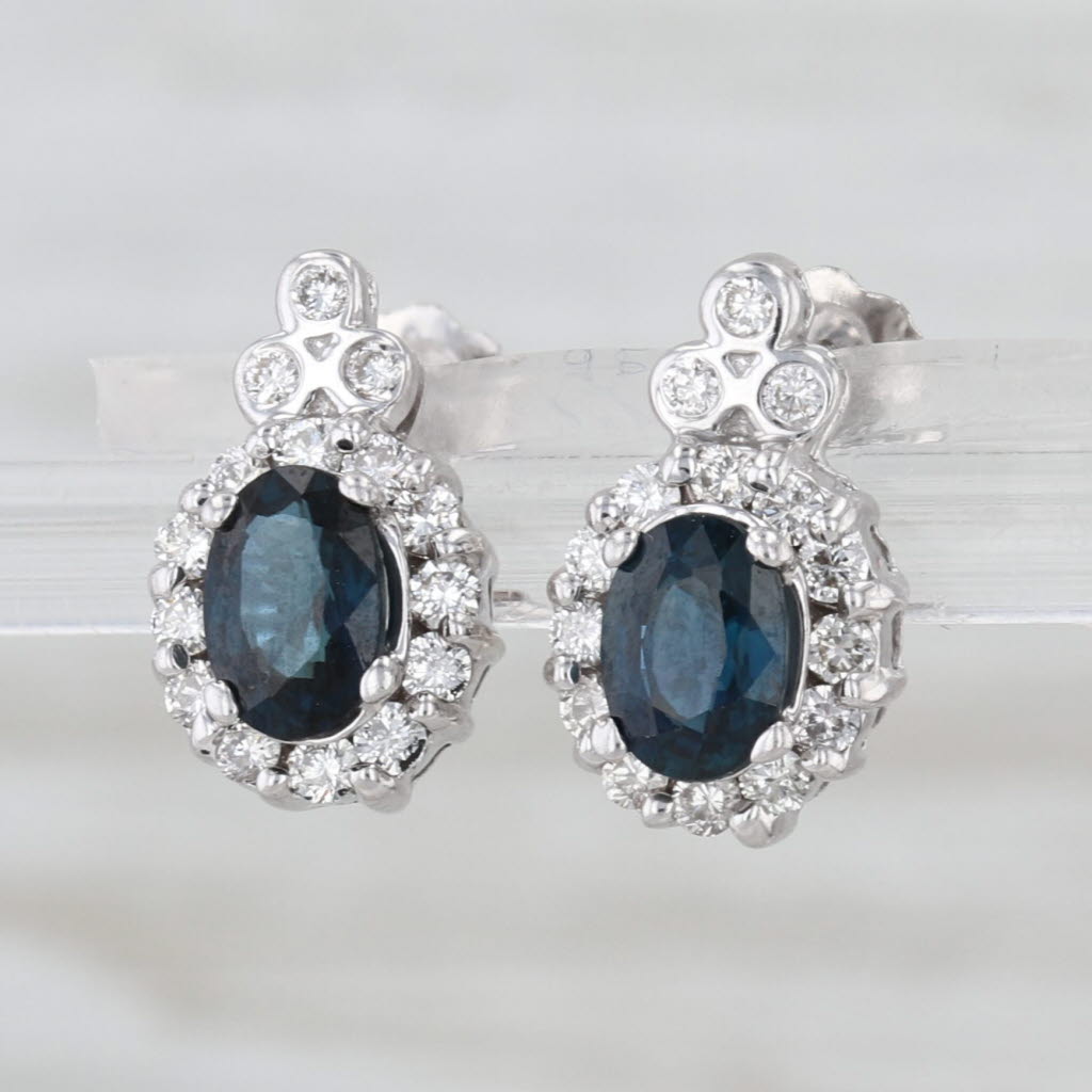 1.67ctw Blue Sapphire Diamond Halo Stud Earrings 14k White Gold