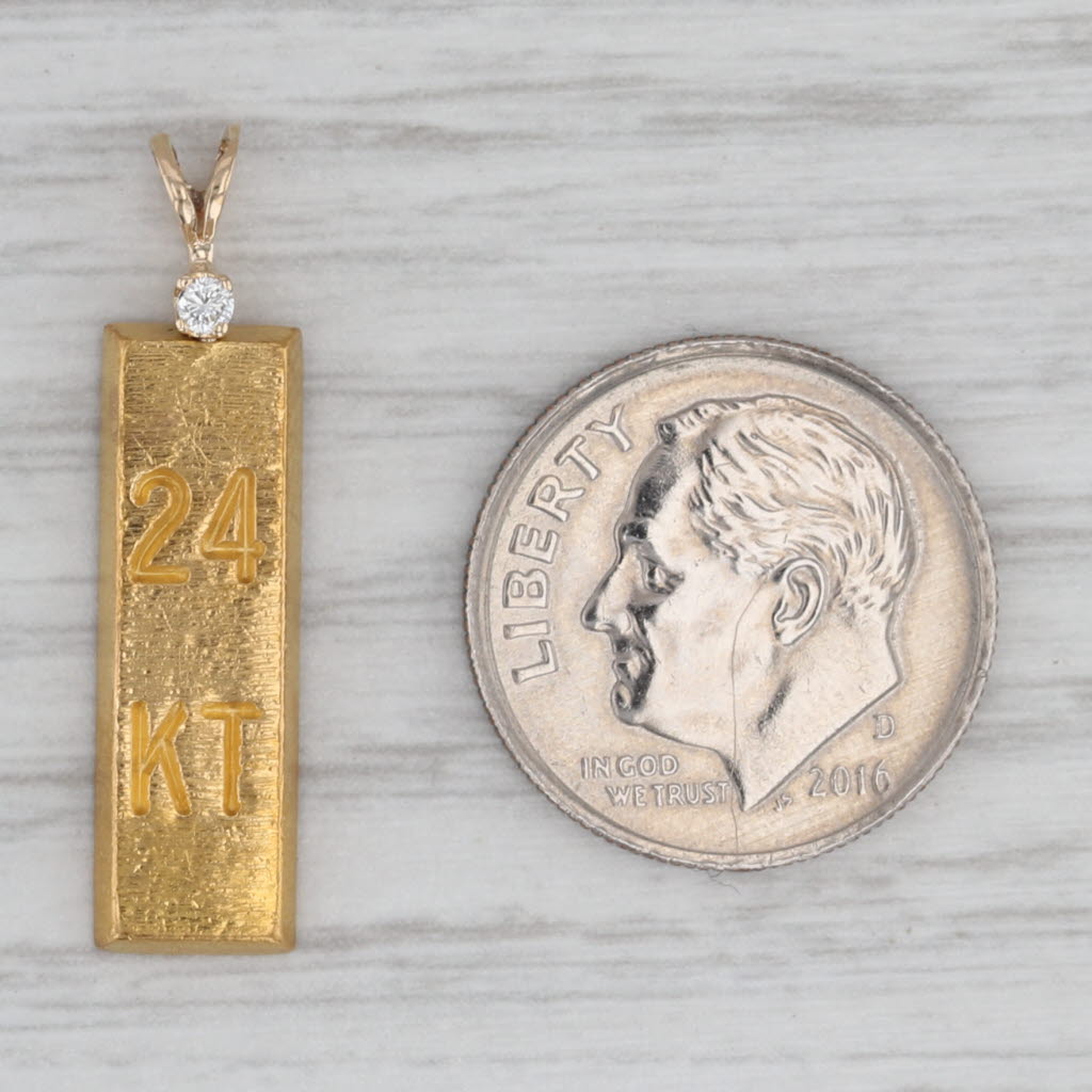 24k 1/8oz Gold Bar Pendant Diamond Accent Yellow Gold Small Drop 14k Bail