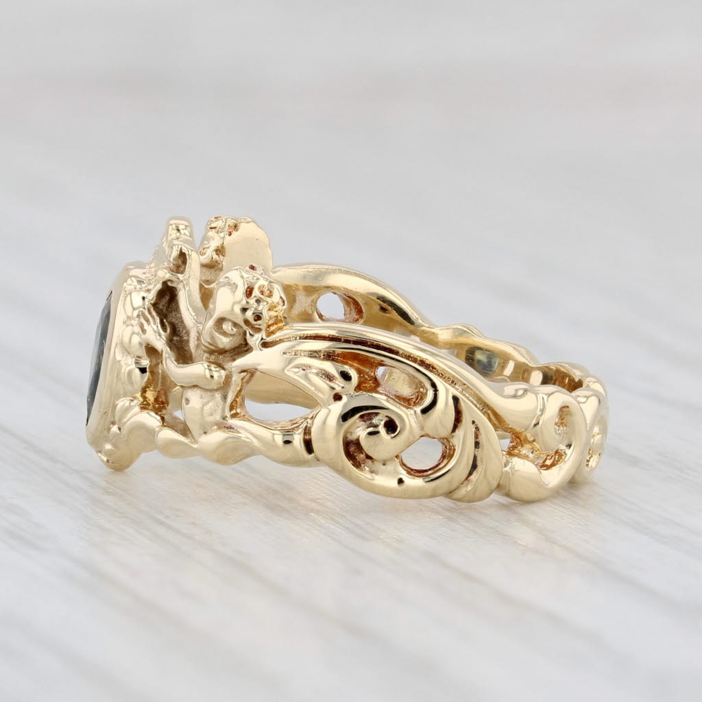 Light Gray 0.41ct Blue Sapphire Teardrop Ring 18k Yellow Gold Size 7 Heraldic Cherubs