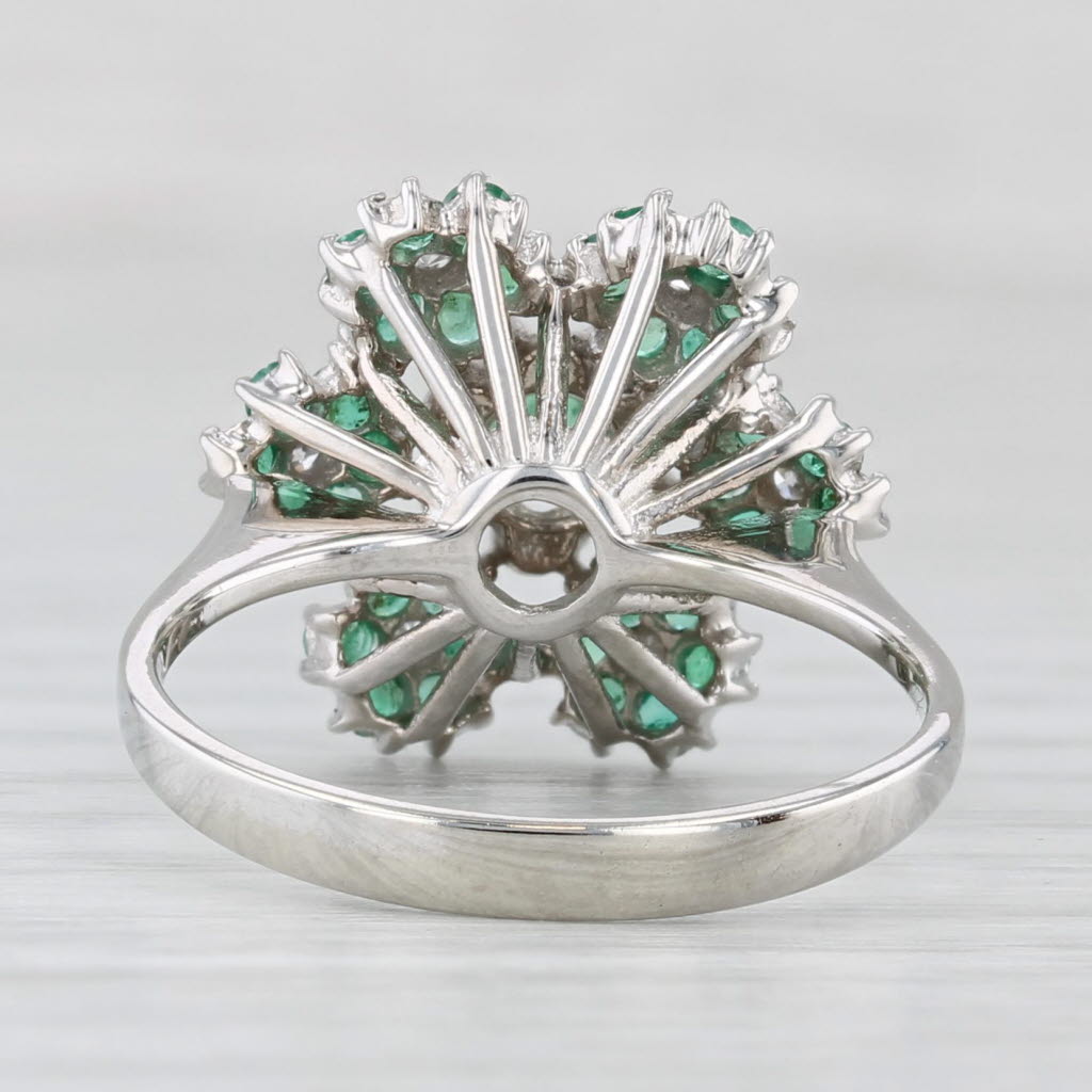 Light Gray 0.74ctw Emerald Diamond Flower Cluster Ring 18k White Gold Size 6.75