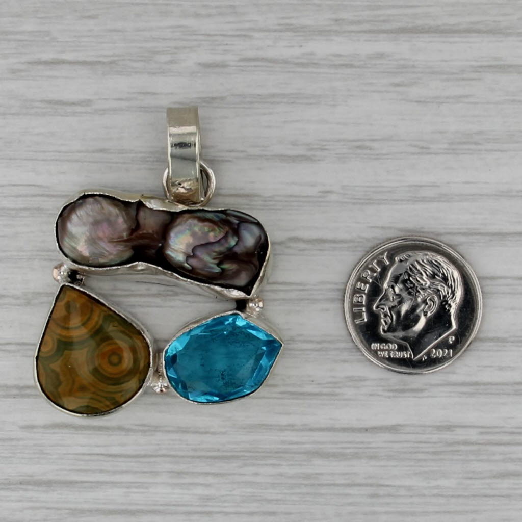 Pearl Agate Abstract Statement Pendant Sterling Silver Chunky Drop