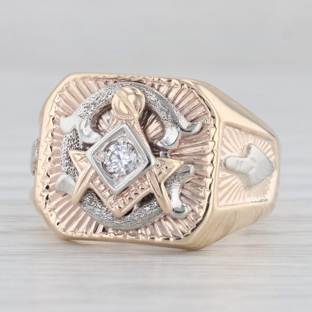 Light Gray Vintage 0.10ct Diamond Masonic Ring 14k Gold Square Compass Signet Plum Trowel