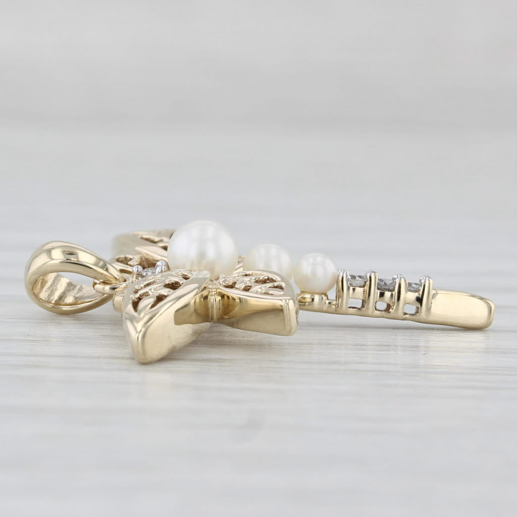 Light Gray Cultured Pearl Diamond Dragonfly Pendant 10k Yellow Gold