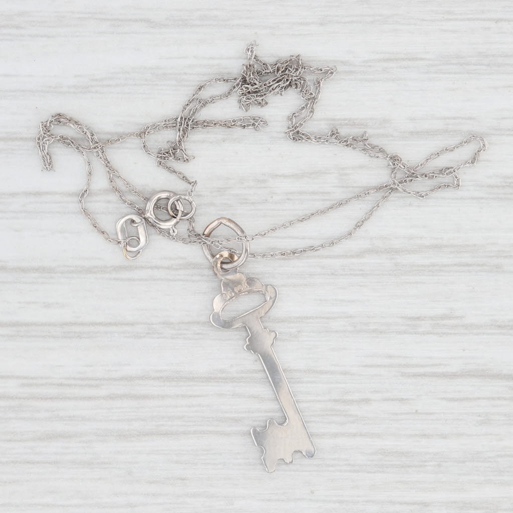 Light Gray Skeleton Key Pendant Necklace 14k White Gold 16" Fine Rope Chain