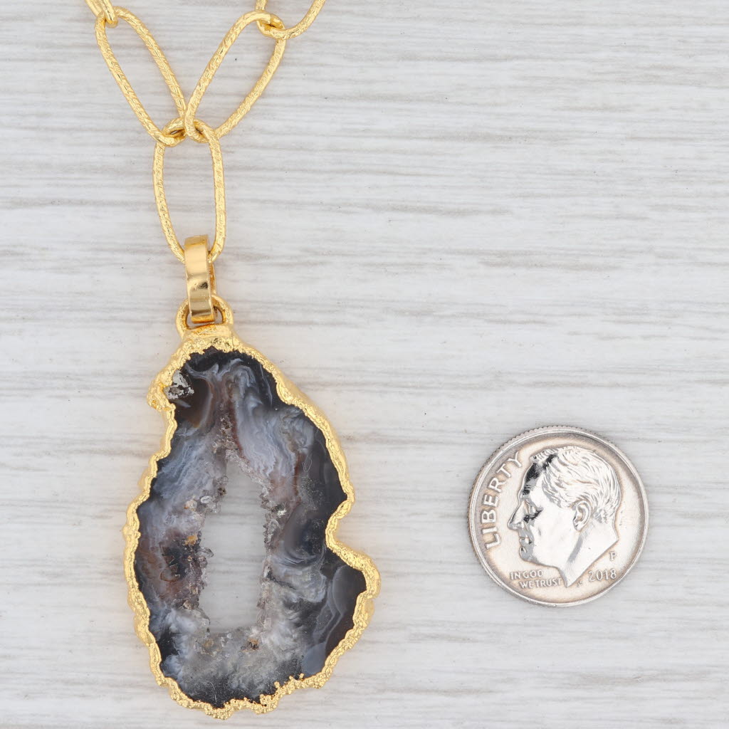 New Nina Wynn Druzy Geode Quartz Pendant Necklace Sterling Gold Vermeil 21"