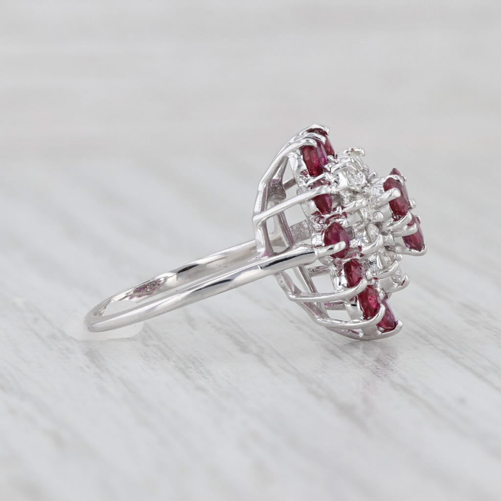 1.20ctw Ruby Diamond Cluster Flower Ring 14k White Gold Size 4
