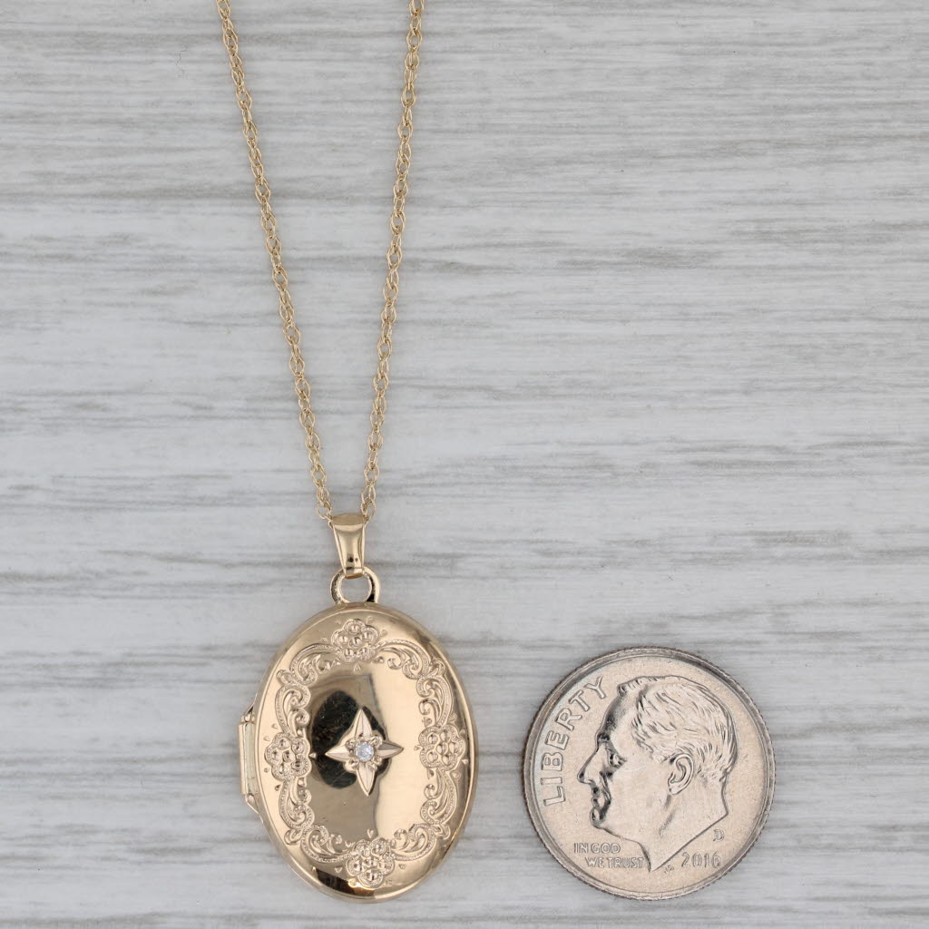 Gray Diamond Star Floral Locket Pendant Necklace 14k Yellow Gold 18" Rope Chain