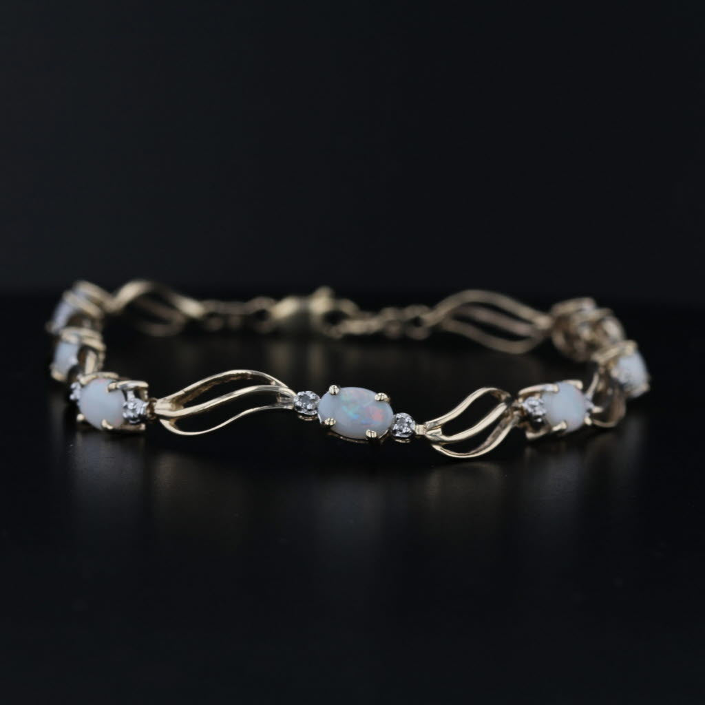 Opal Diamond Bracelet 10k Yellow Gold 7" 4.9mm