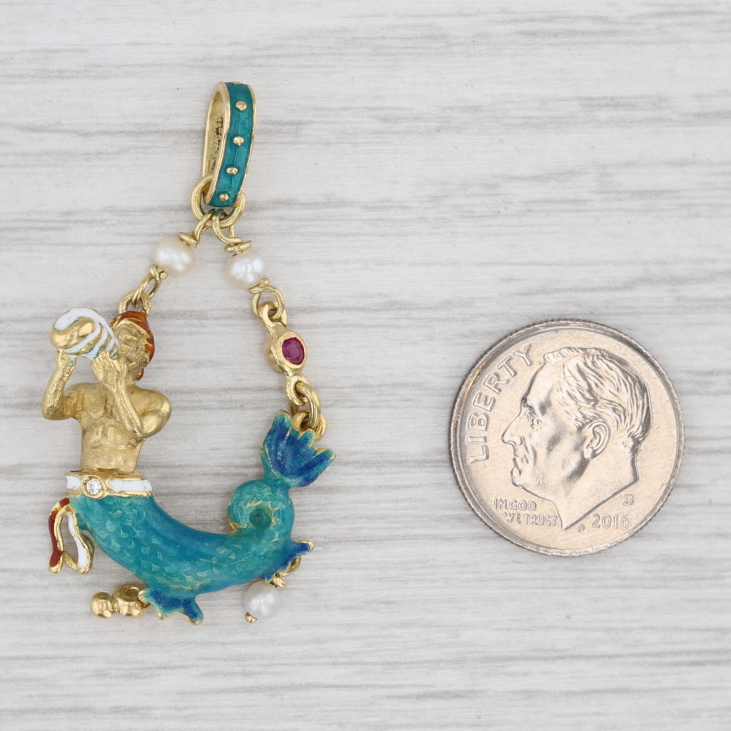 Light Gray Merman Holding Conch Shell Pendant Ruby Pearls Diamond 18k Yellow Gold Enamel