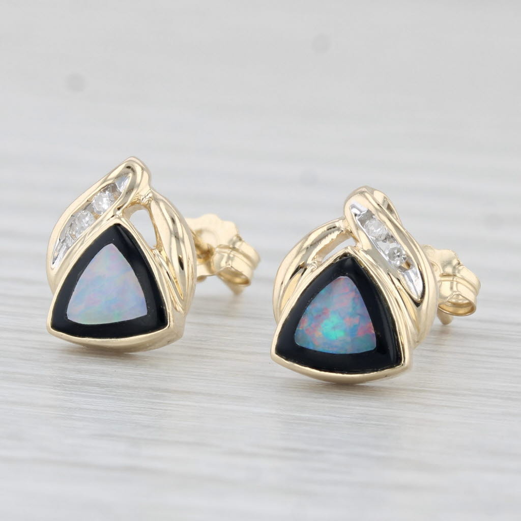 Light Gray Opal Diamond Stud Earrings 14k Yellow Gold