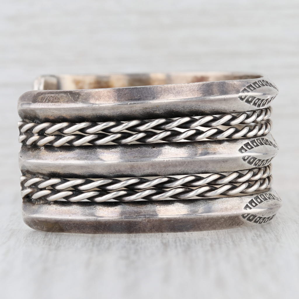 Vintage Native American Stamped Wide Band Cuff Bracelet Sterling Silver 6.75"