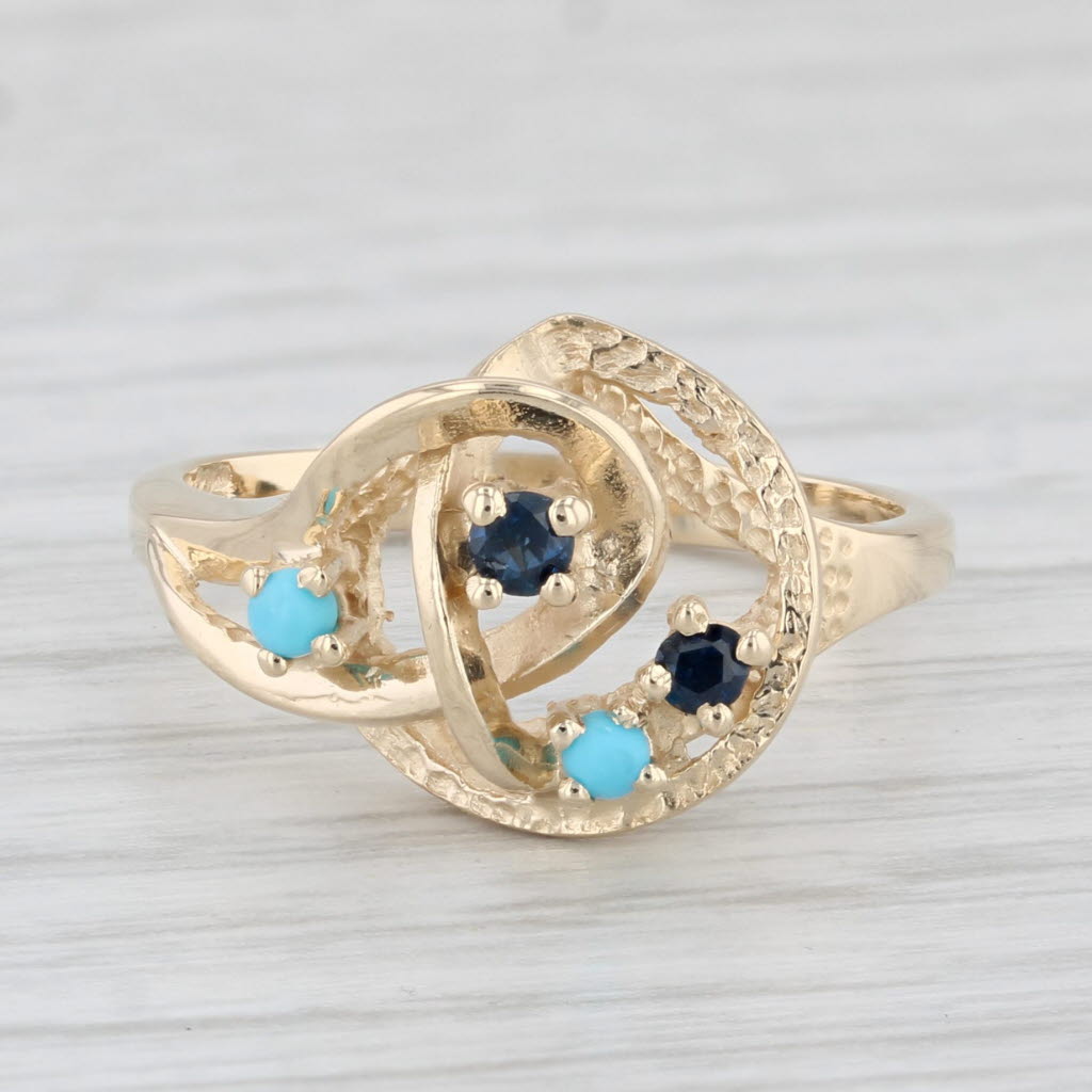 Light Gray Blue Sapphire Turquoise Ring 14k Yellow Gold Size 6 Orbit Knot