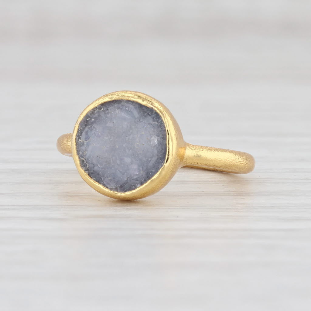 New Nina Wynn Gray Quartz Druzy Ring Sterling Silver 22k Gold Vermeil Size 5.5