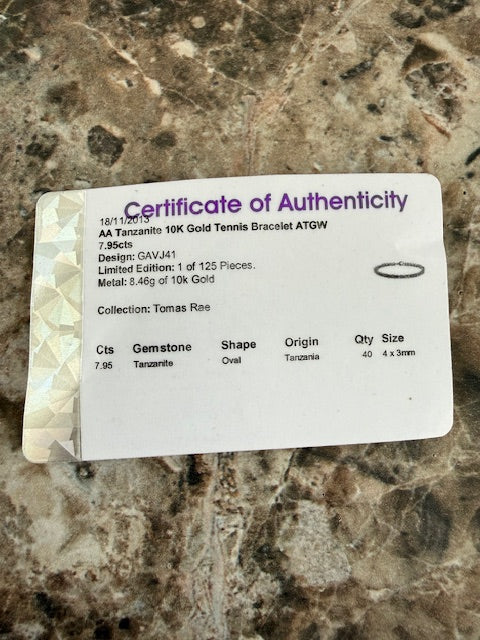 7.95ctw Tanzanite Tennis Bracelet 10k Yellow Gold 7.25" 3.8mm COA Tomas Rae