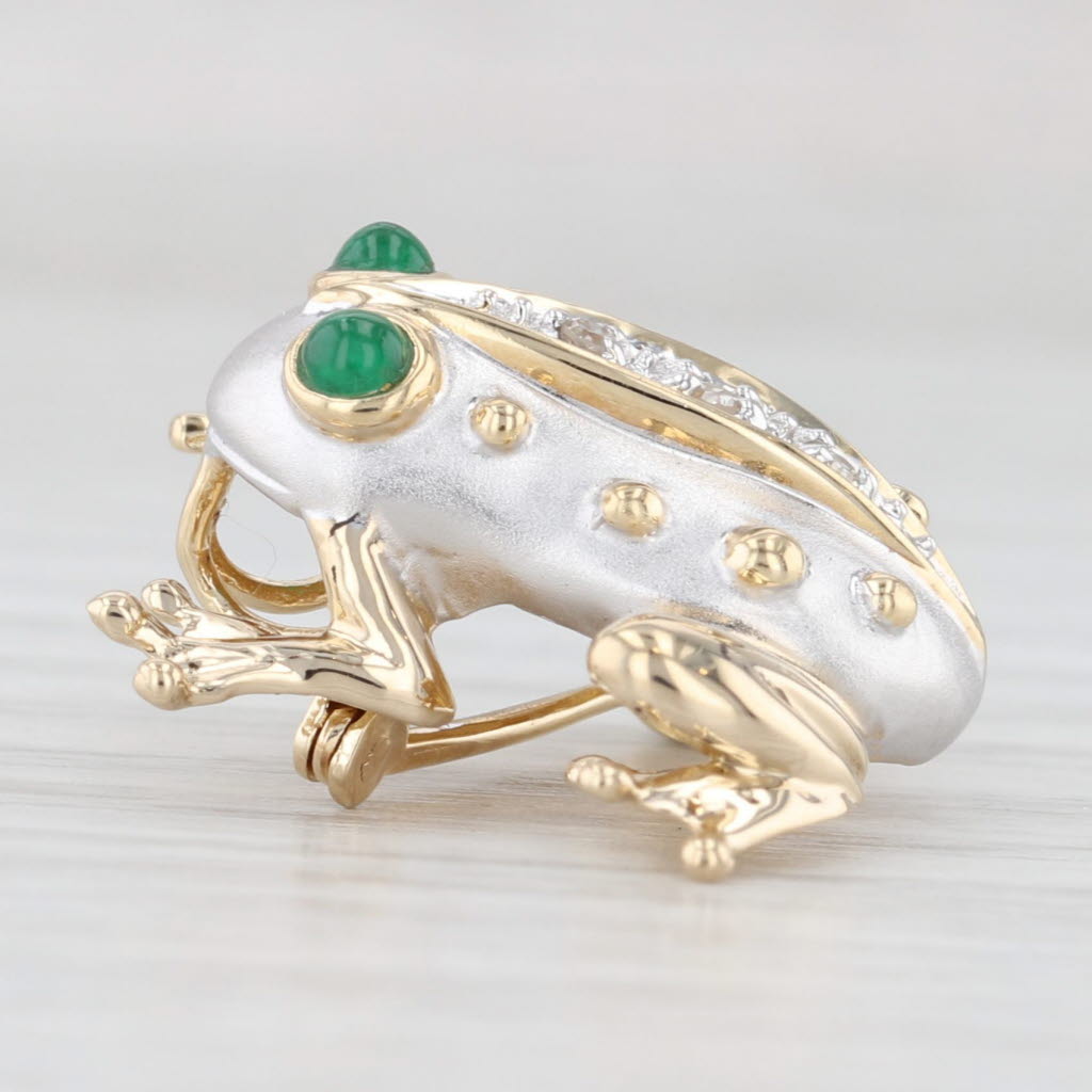 Light Gray Emerald Cabochon Diamond Frog Brooch Pendant 14k Yellow White Gold Toad Pin