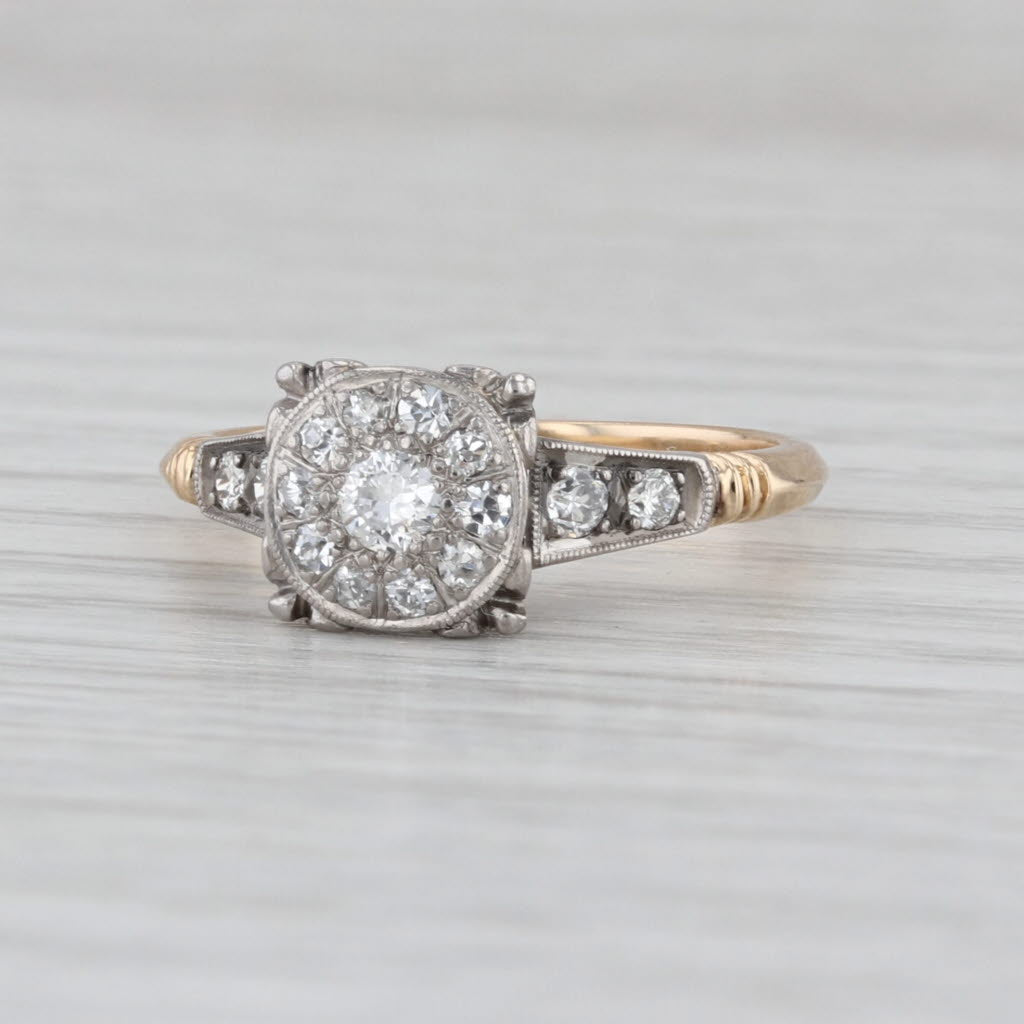 Vintage 0.34ctw Diamond Cluster Ring 14k White Yellow Gold Size 7 Cathedral