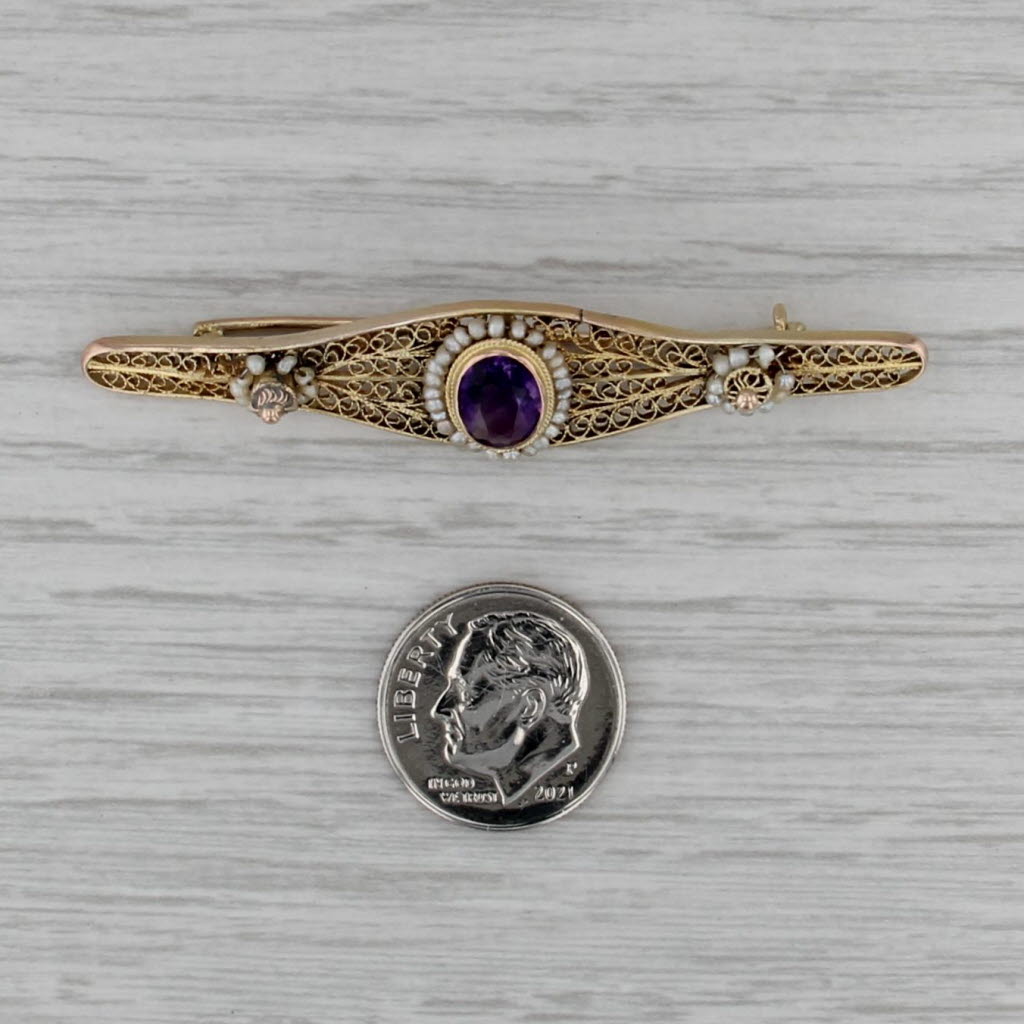Vintage 1.05ct Amethyst Seed Pearl Filigree Bar Brooch 14k Yellow Gold Pin