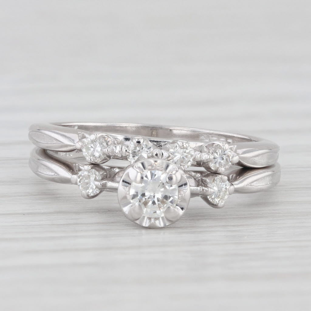 Light Gray 0.33ctw Diamond Engagement Ring Wedding Band Set 14k White Gold Vintage