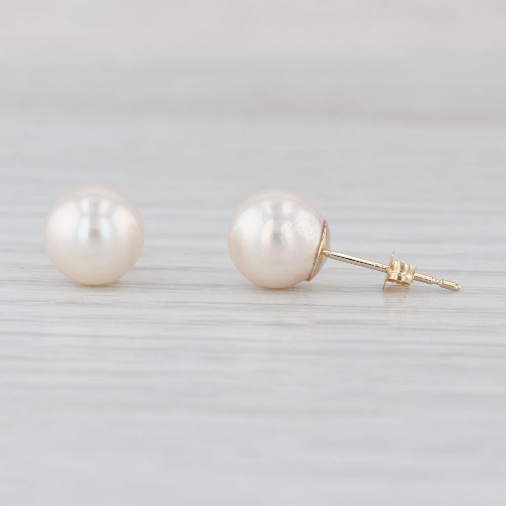 Cultured Pearl Stud Earrings 14k Yellow Gold 8mm Round Bead Solitaire Studs