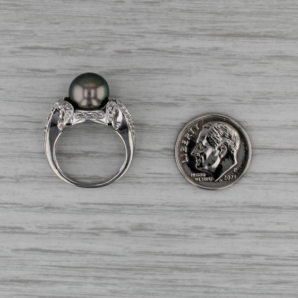 Black Cultured Pearl Diamond Ring 14k White Gold Size 5