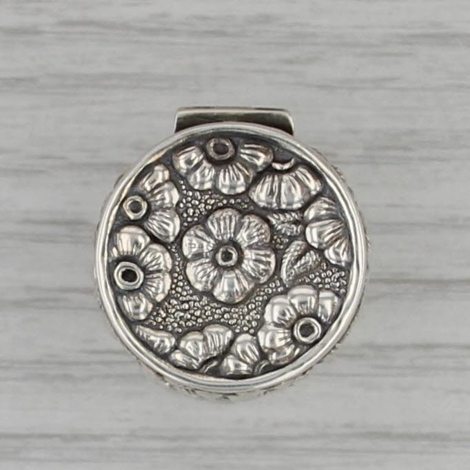 Sterling Silver Snuff / Pill Box Engravable Vintage Raised Floral Pattern Opens
