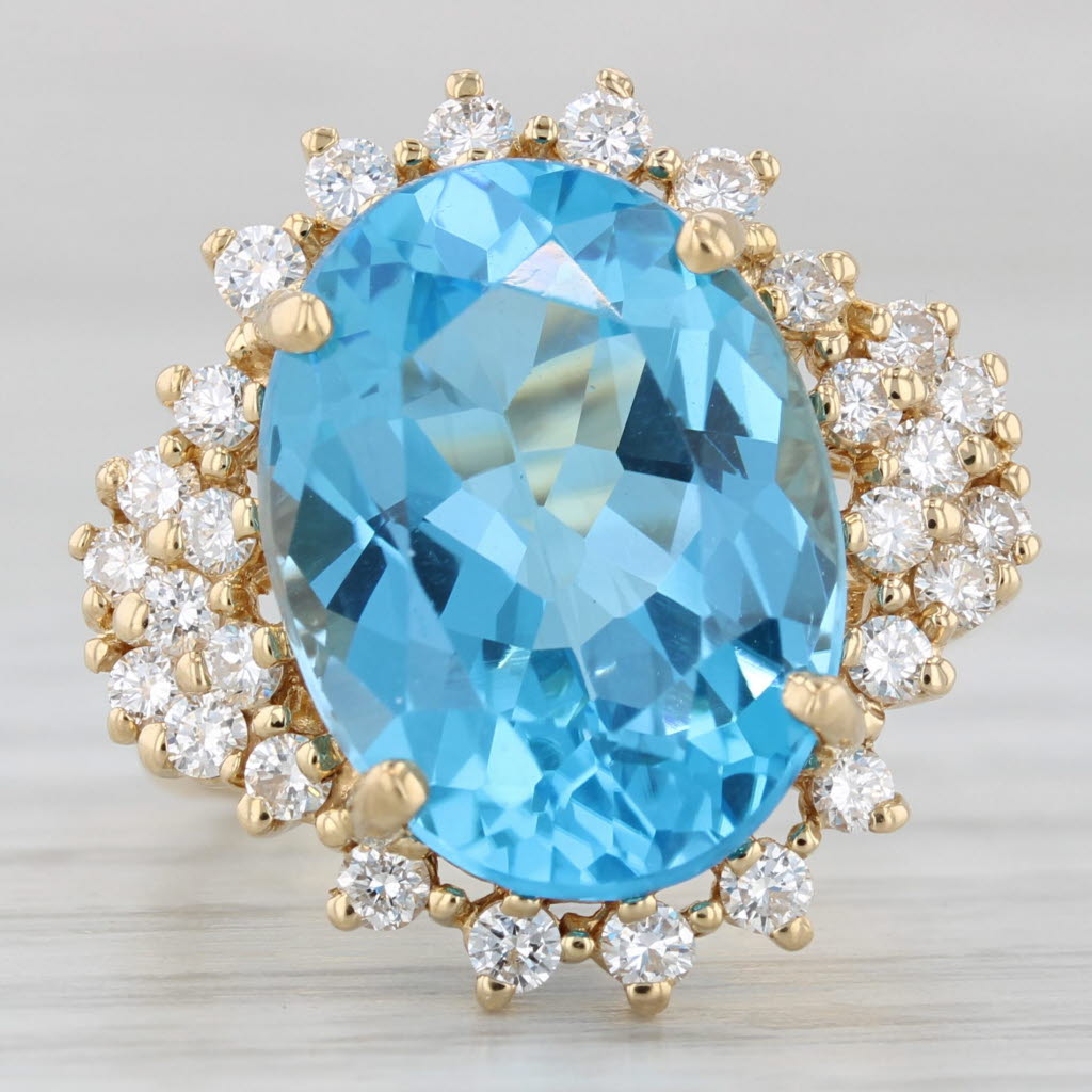 Spark Blue Topaz Diamond Halo Ring 18k Yellow Gold Size 6.5 Cocktail