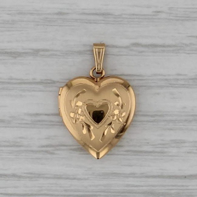 Floral Engraved Heart Photo Locket Pendant 14k Yellow Gold Engravable