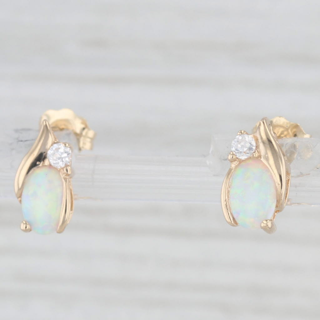Light Gray Lab Created Opal Cubic Zirconia Stud Earrings 10k Yellow Gold