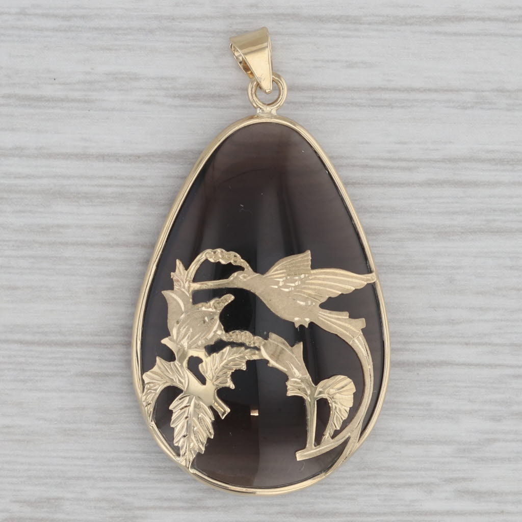 Gray Smoky Quartz Floral Crane Teardrop Pendant 14k Yellow Gold Pear Cabochon