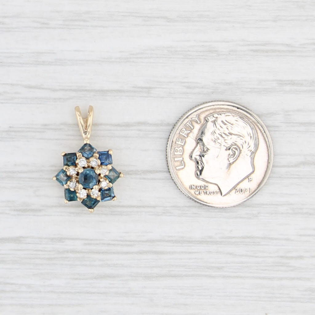 0.93ctw Blue Sapphire Diamond Flower Pendant 14k Yellow Gold