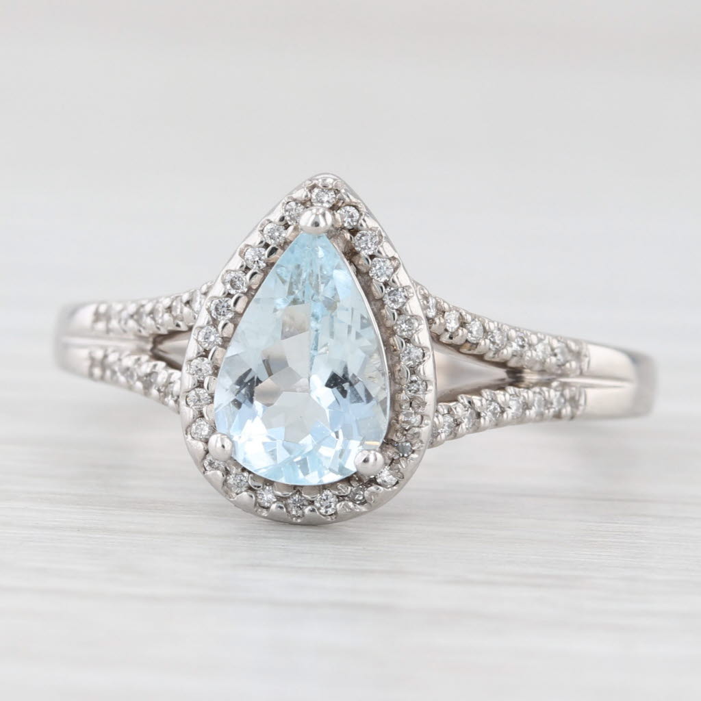 Light Gray 1.19ctw Aquamarine Diamond Halo Teardrop Ring 14k White Gold Size 8.5 Engagement