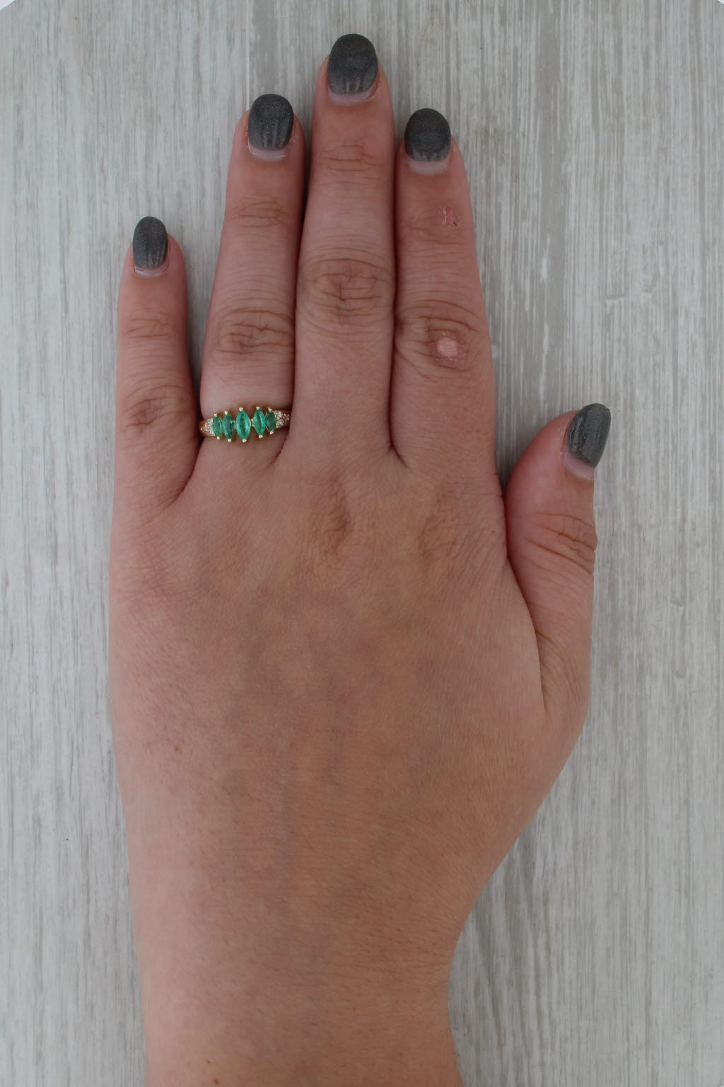 0.66ctw Emerald Diamond Ring 10k Yellow Gold Size 6 Tiered 5-Stone