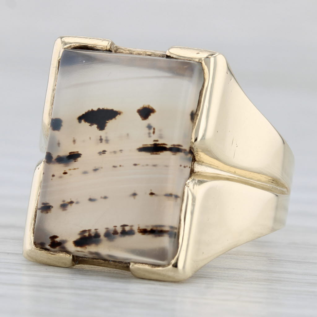 Gray Vintage Montana Moss Agate Cabochon Solitaire Men's Ring 10k Gold Size 10.25