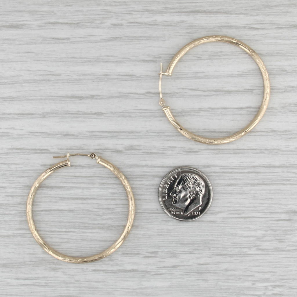 Etched Hoop Earrings 10k Yellow Gold Snap Top Posts Round Hoops 35.4 x 2.3 mm
